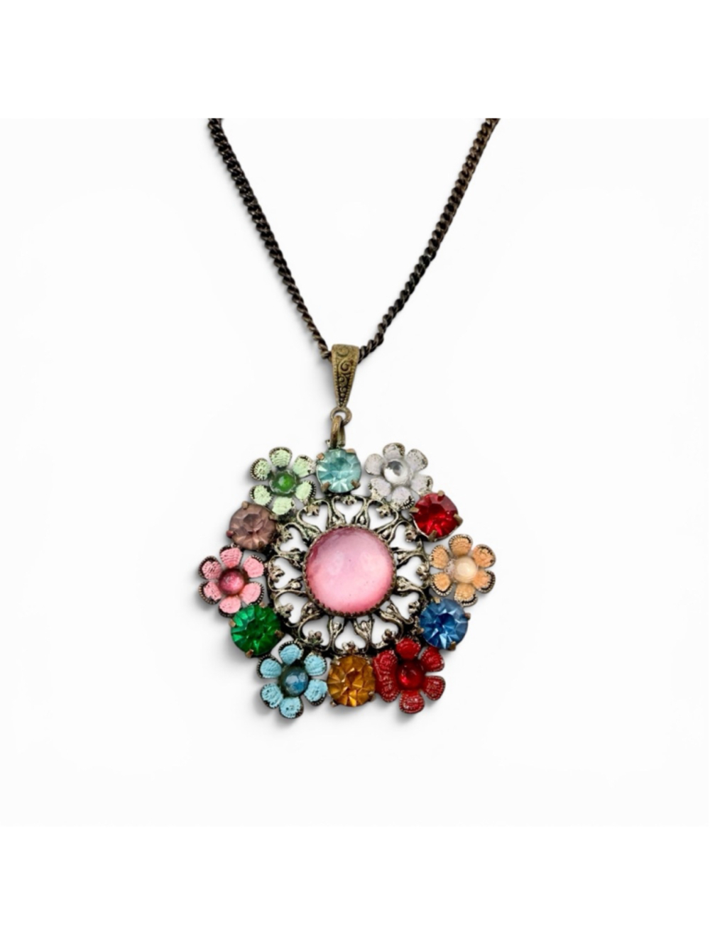 Vintage 1940s Floral Rhinestone Pendant Necklace, Colorful Retro Statement, Pink